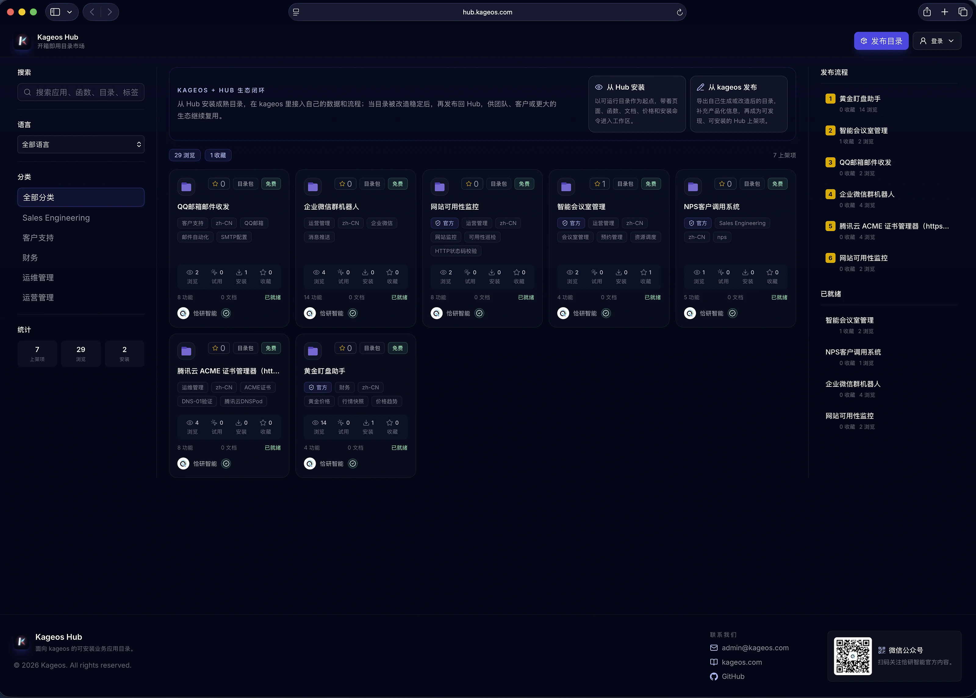 Kageos Hub marketplace showing installable business directories.